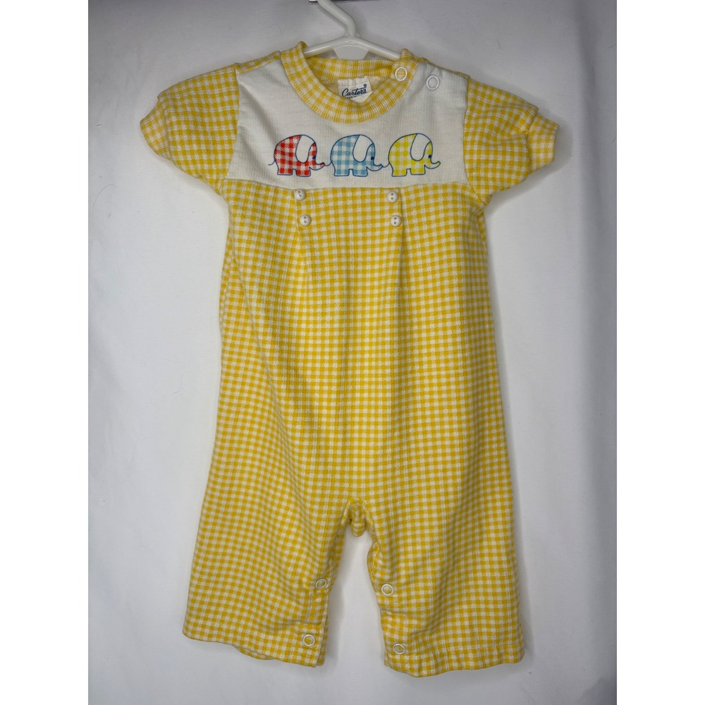 Vtg Carters Baby Romper Yellow White Gingham Elephant 6 Months Preppy USA